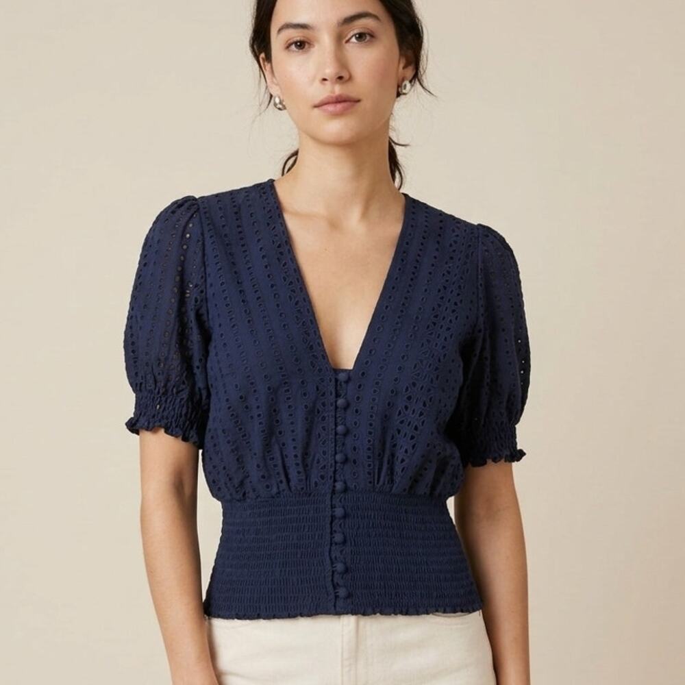 KARINA GRIMALDI Navy Eyelet Top Medium Puff Sleeve Smocked Waist Crop